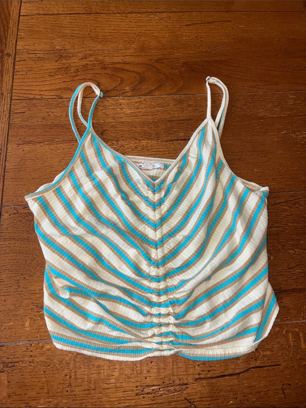 O’Neill Striped V-Neck Ruched Tank Top - Cream & Teal